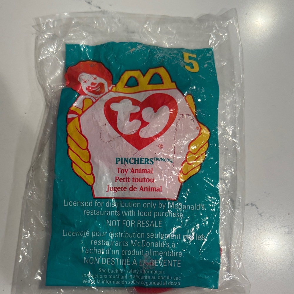 McDonald's original mini beanie baby pinchers the lobster TY Toy Package